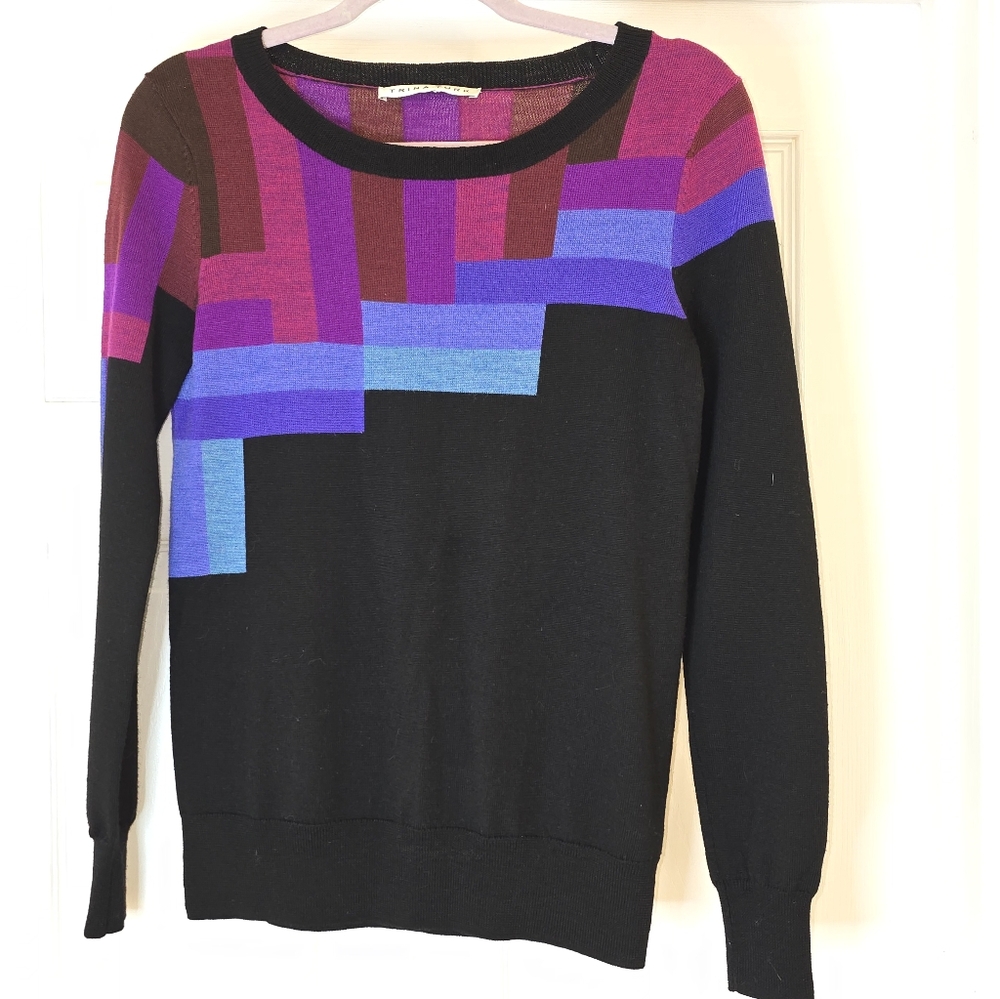 Trina Turk Black Wool Sweater with Pink & Purple Geometric Block Accents